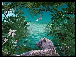Kwiaty, Woda, Tygrys, Biały, Drzewa